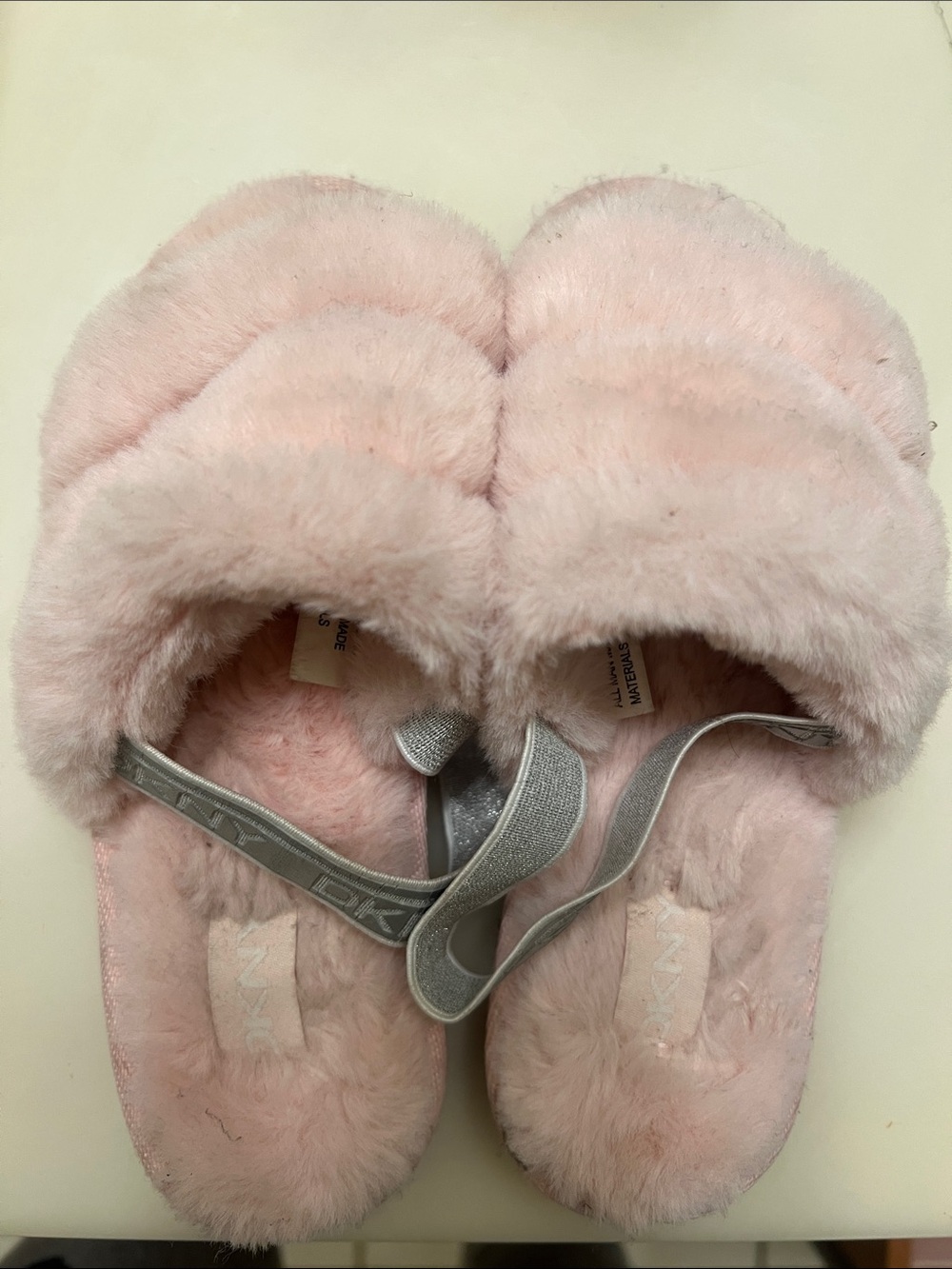 DKNY Pink Faux-Fur Slide Slippers with Branded Elastic Strap